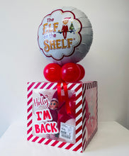 Load image into Gallery viewer, Decorative box with &#39;Elf on the Shelf&#39; theme featuring balloons and a printed image of an elf.
